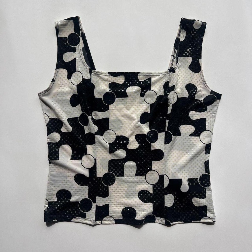 Vintage NICOLA 80's Black and White Puzzle Pattern Tank Top